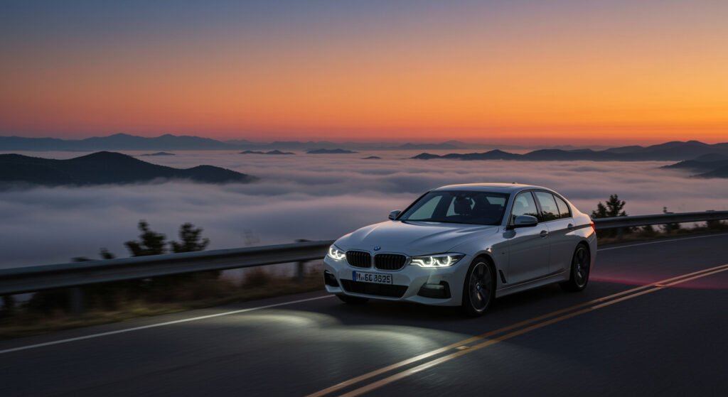 BMW driving at night with OEM insurance quality headlights