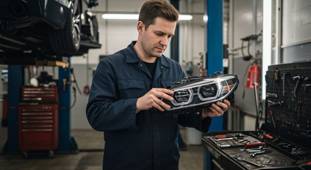 professional mechanic installing insurance quality BMW headlight in workshop