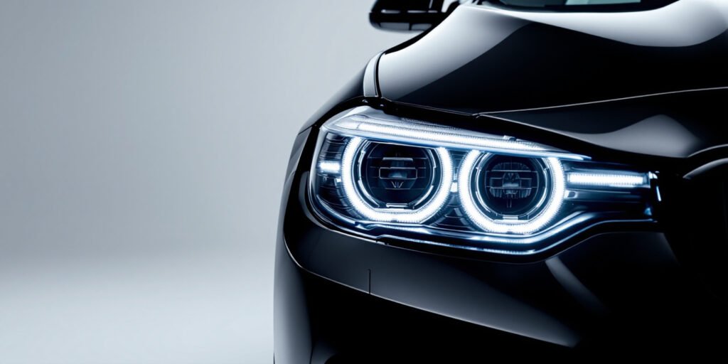 OEM BMW headlight beam pattern test in lab