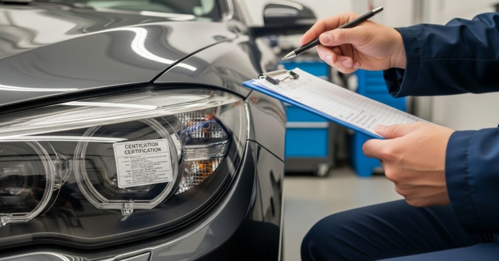 technician installing OEM BMW headlight in workshop