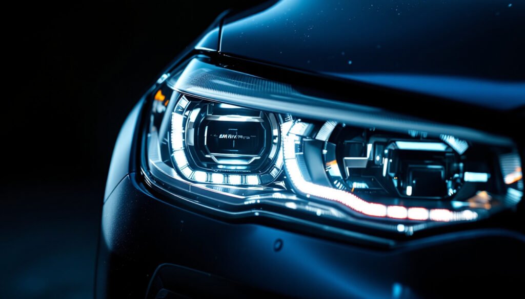 technician inspecting OEM BMW headlights for insurance compliance