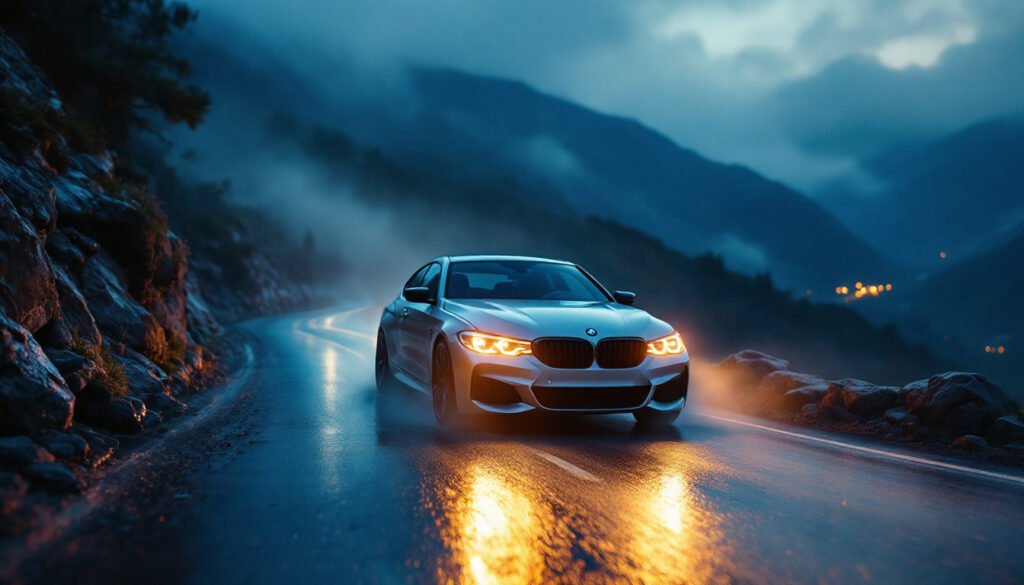 MW adaptive LED headlight beam pattern on road