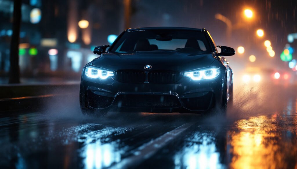 BMW with installed insurance quality headlights night drive USA